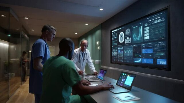 Precision and Insight: Medical professionals engaged in a collaborative discussion within a modern medical environment, with digital screens illuminating insights and information.