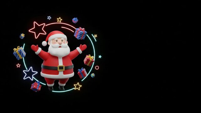 Santa spreads holiday cheer as presents float around him within a glowing display of festive stars neon circle and gifts on black backdrop.Cartoon-style,3d imitation.copy space