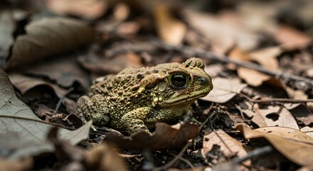 Obraz premium Cane Toad Camouflaged in Leaf Litter on Forest Floor With Subtle Natural Blending