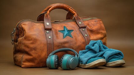 Stylish Brown Leather Bag with Headphones and Comfortable Slippers