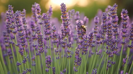 Fototapeta premium tranquil field of lavender swaying under a setting sun with bees buzzing softly among the blooms, Generative AI