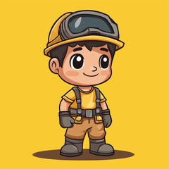 Cheerful Cartoon Boy in Protective Gear on a Yellow Background