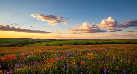 Fototapeta premium This picturesque image captures a sprawling wildflower meadow in full bloom, with orange, yellow, and purple hues under a gradient evening sky.