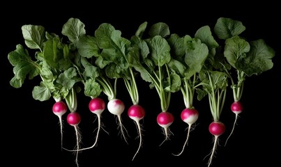Radishes harvest, garden fresh, dark background, healthy food, recipe ingredient