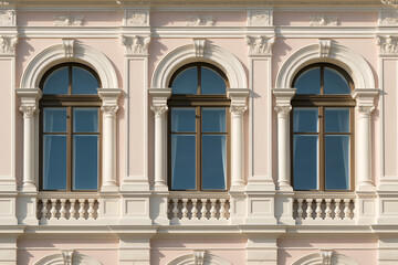Three arched windows on a pink building facade with decorative columns and trim details