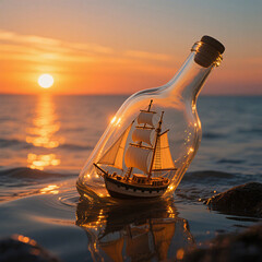 Ship in a bottle at sunset along the ocean coastline water