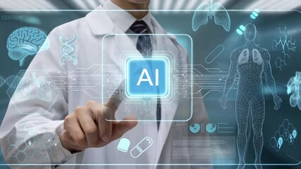 Doctor Using Artificial Intelligence in Digital Healthcare Interface with Human Body Scan, DNA, Brain, and Medical Icons Representing AI in Medicine and Diagnostics - Powered by Adobe