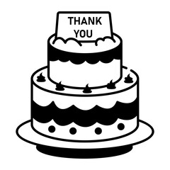 A doodle style icon of a large cake with thank you note 
