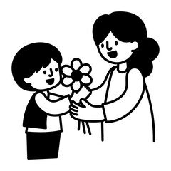 A student giving flower to his teacher, doodle style icon 
