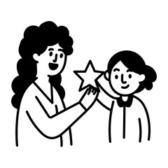 A teacher giving star to her student, doodle style icon 
