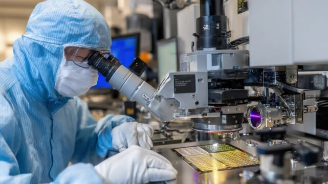 Precision Microelectronics Technician: A focused technician in a cleanroom meticulously works on microelectronics using a microscope.  The image highlights precision, detail, and advanced technology.