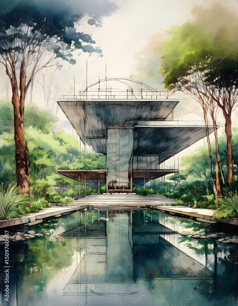 Poster an artistic rendering depicts a modern multi-story house with clean lines and large windows, nestled