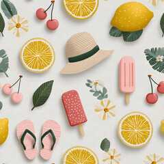minimalist summer illustration on white background. Objects such as lemon slice, sun hat, popsicle stick, flip flops and cherry drink. seamless pattern, Idea for packaging, decoration or fabric textur