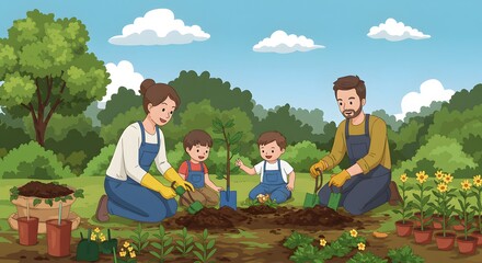Obraz premium Happy Family Planting a Tree Together in Their Garden