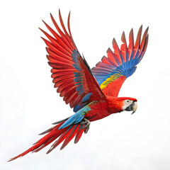 Fototapeta premium A scarlet macaw mid-flight with wings fully spread, bright feathers, and dynamic movement.
