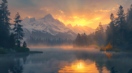 Serene sunset over mountains reflecting in a calm lake.