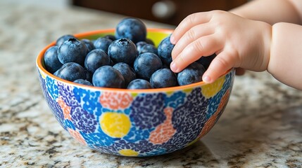 Close-up of baby's hands reaching for blueberries in a patterned bowl.