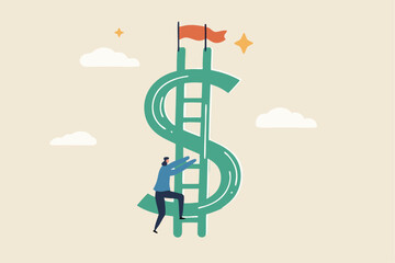 Money ladder to achieve financial independent goal, challenge to reach investment target or wealth planning strategy concept, businessman starting to climb up ladder to the top of money dollar sign.