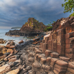 Da Dia reef in Vietnam. Panoramic landscape with volcanic basalt columns Ganh Da Dia on the beach...