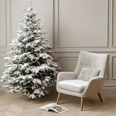 Photo of a snow-covered Christmas tree next to a comfy chair in a serene winter setting