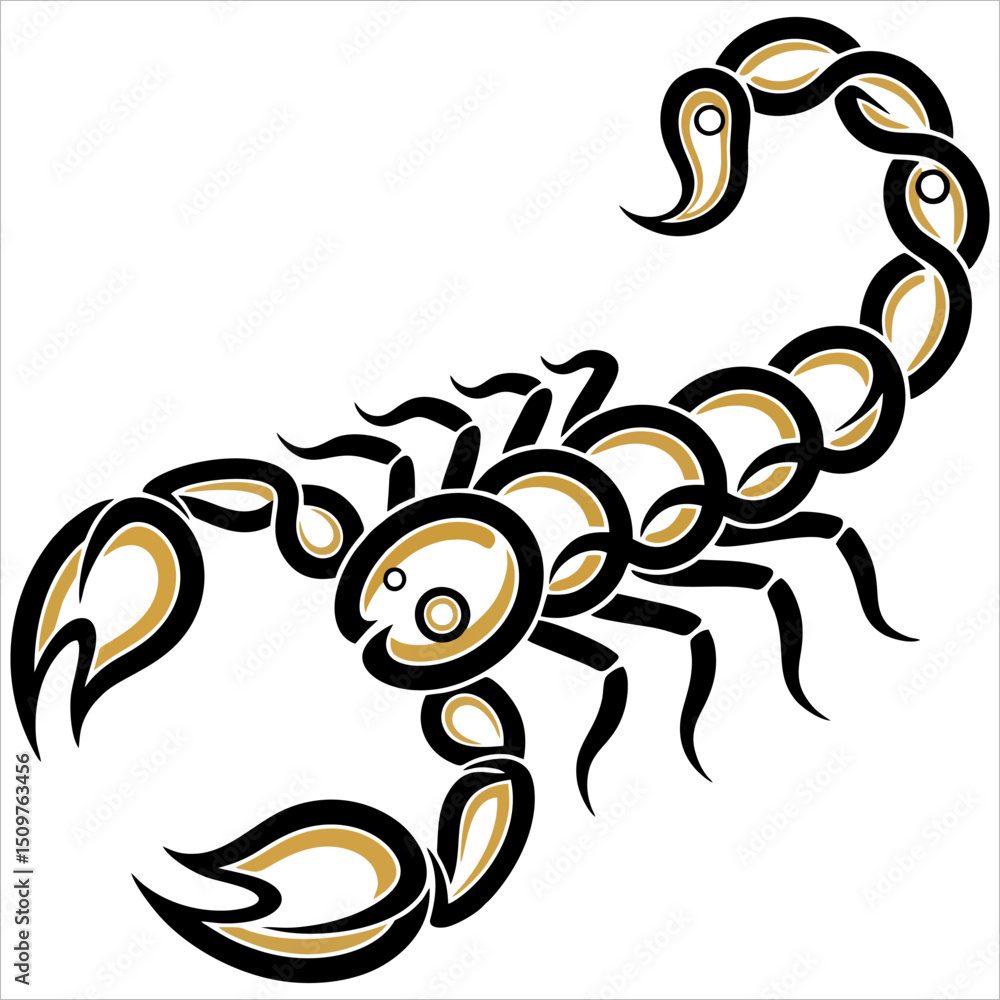 Poster stylized scorpion drawing featuring a segmented body claws and a curled tail with a stinger