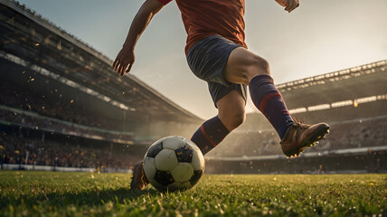 Soccer Player Dribbling the Ball in a Stadium Dynamic Action Shot