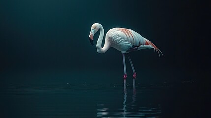 Pink flamingo posed in dark, reflective water.