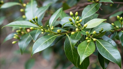 Green leaves and developing seeds of Gelsemium sempervirens (Carolina jessamine) isolated, poisonous vine