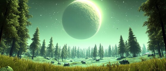 bustling interstellar outpost where aliens and humans interact, surrounded by spacecraft glowing under an alien sun, Generative AI