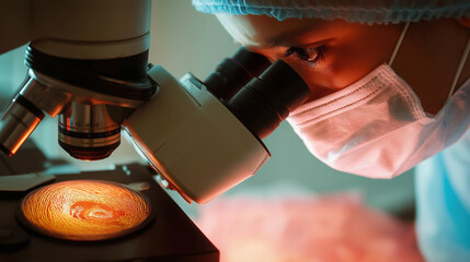Scientist Examining Artificial Cornea Under Microscope in Laboratory Setting
