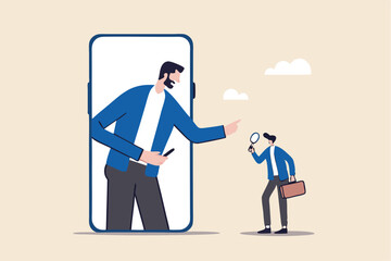 KYC, Know your customer process to identify user in online banking, cryptocurrency trading or cyber transaction concept, businessman using magnifying glass to analyze, identify user on smartphone app.