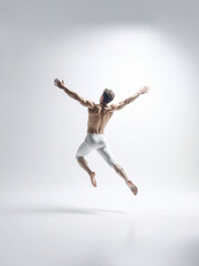 Obraz premium A shirtless figure in white pants leaps gracefully against a gradient backdrop, arms extended in fluid motion. The minimalist lighting enhances the sense of movement, evoking themes of freedom, energy