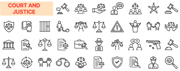 Court and Justice Line Icon Design Featuring Legal Symbols, Scales of Justice, Gavel, Law Documents, Prison Bars, Police Elements, Crime Investigation, Courtroom Scenes, and Civil Rights Protection