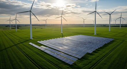 Aerial View of Solar Panels and Wind Turbines in Green Field