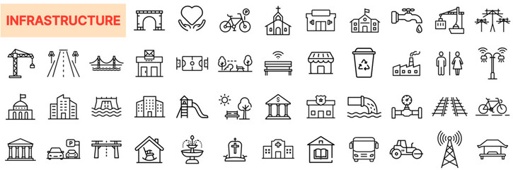 Infrastructure and Public Facility Line Icon Design Featuring Roads, Bridges, Buildings, Parks, Utilities, Transportation, Construction, Communication Towers, Power Lines, Civic Structures, and Urban 