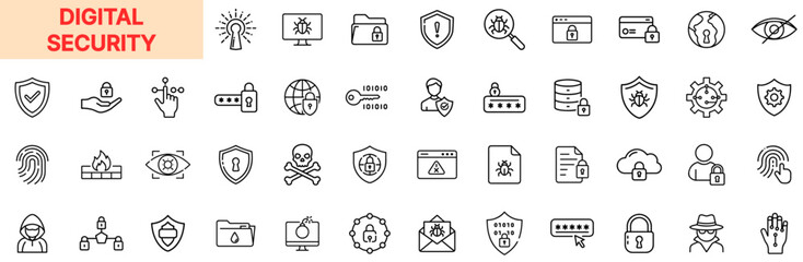 Digital Security and Cyber Protection Line Icon Design Featuring Password Encryption, Lock Symbols, Firewalls, Data Safety, Hacking Alerts, Virus Protection, Secure Access, and Internet Safety Element