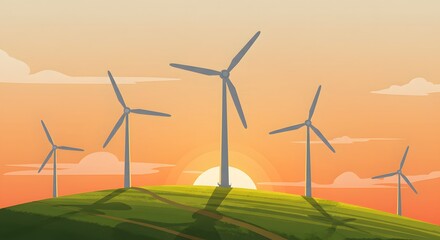 Wind Turbines Sunset Landscape Illustration