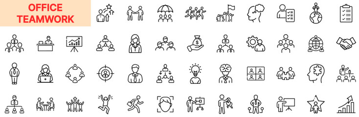 Office Teamwork and Business Collaboration Line Icon Design Featuring Professional Communication, Leadership Roles, Project Strategy, Employee Groups, Goal Setting, Motivation, and Corporate Success E