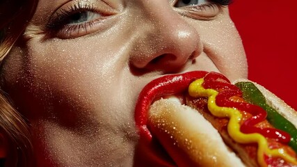 Close-up of a woman with vibrant red lips joyfully preparing to eat a colorful hot dog against a bold red backdrop