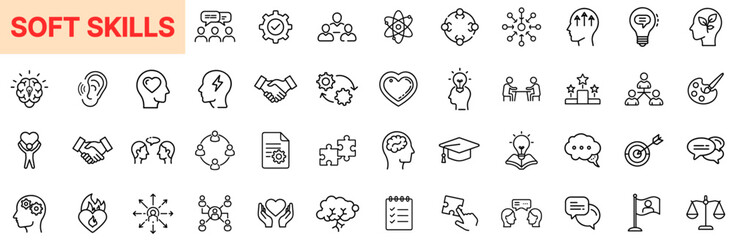 Soft Skills and Personal Growth Line Icon Design Featuring Communication, Leadership, Emotional Intelligence, Empathy, Collaboration, Goal Setting, Problem Solving, Self-Awareness, and Team Developmen