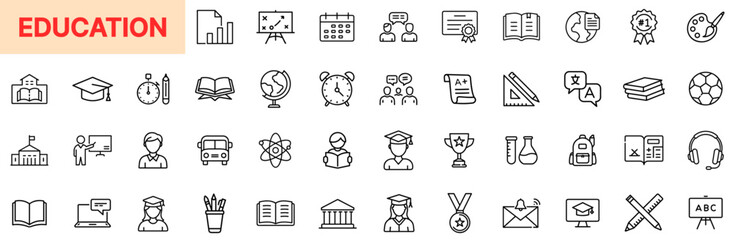 Education and Academic Tools Line Icon Design Featuring Classrooms, Books, Graduation Caps, Learning Resources, Study Equipment, Timetables, Exams, Language Symbols, School Buildings, and Academic Ach