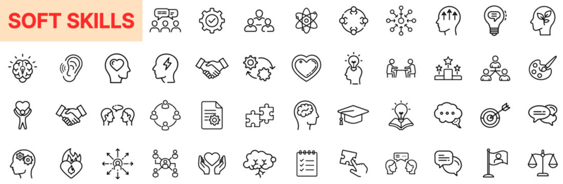 Soft Skills and Personal Growth Line Icon Design Featuring Communication, Leadership, Emotional Intelligence, Empathy, Collaboration, Goal Setting, Problem Solving, Self-Awareness, and Team Developmen