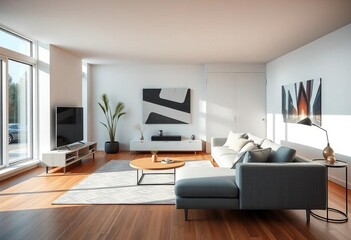 Modern living room, minimalist design, grey sofa, oak flooring, oak, grey sofa