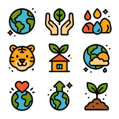 Nine icons related to environmentalism for ecofriendly projects, conservation organizations, social media, presentations, websites, posters, educational materials.