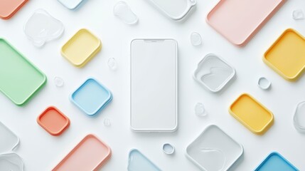 Phone mockup with white screen, case design. Modern smartphone, empty template, clear frame, technology for digital app. Bright colorful vertical display