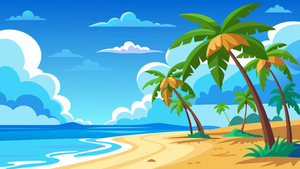 Fototapeta na wymiar Tranquil Tropical Beach. Palm Trees. Blue Ocean. and Sunny Skies