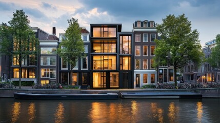 Modern building juxtaposed with traditional canal-side homes.  Evening light reflects on water