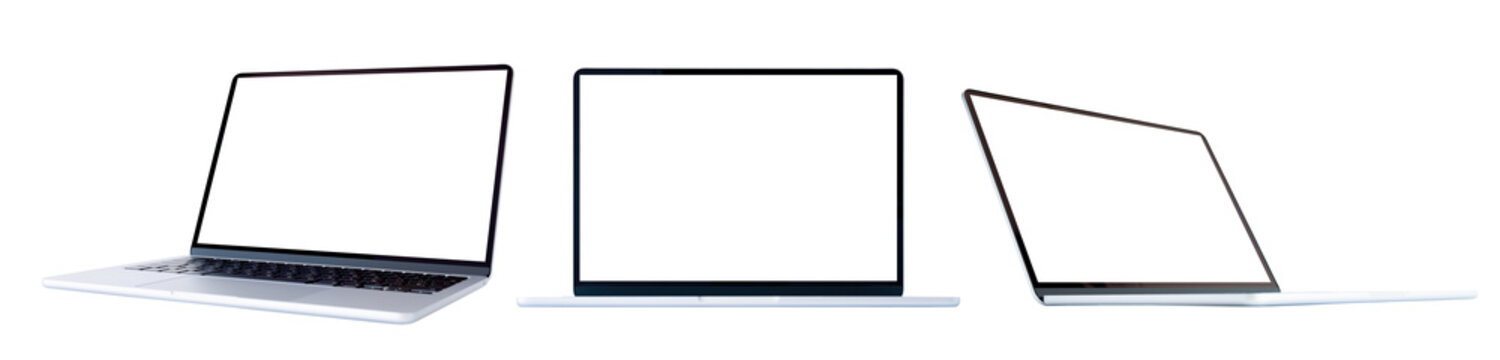 Modern laptop computer in different angles, isolated on white background