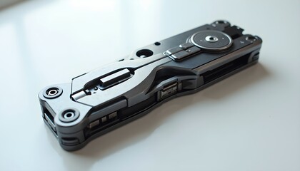A close-up of a multi-tool on a white surface.