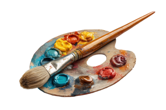 PNG Colorful artist palette with brush and paint blobs on black background